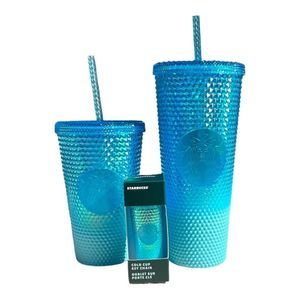 Starbucks Icy Blue Glacier Gardient Studded 24oz,16oz  and Key Chain Bundle